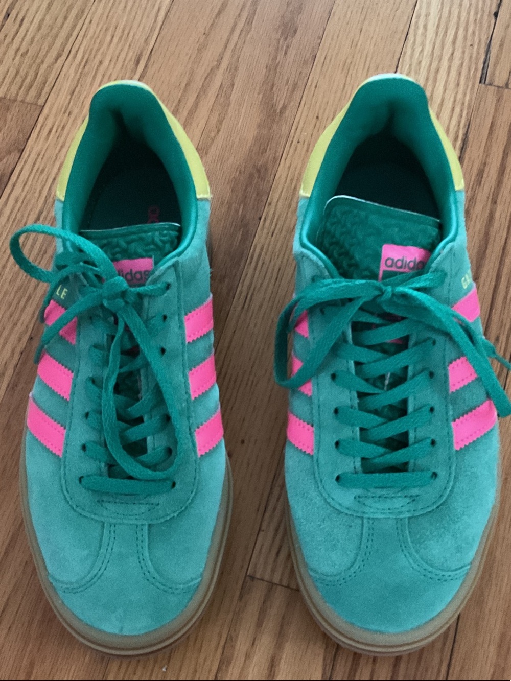 Adidas Gazelle Women’s Green Suede Sneakers with Pink Stripes and Yellow Heel